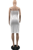 White Euramerican Pure Color Ribbon Sling Slim Fitting Dress QSS51018-1