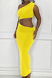 Yellow Summer Inclined Shoulder Tank Long Skirts Sets YC8029-3