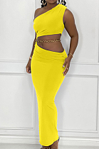 Yellow Summer Inclined Shoulder Tank Long Skirts Sets YC8029-3