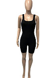 Black Pure Color Screw Thread Bodycon Casual Vest Romper Shorts Q896-5