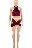 Wine Red Euramerican Women Velvet Trendy Sexy Sleeveless Top Skirts Sets PY820-1