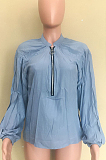 Grey Blue Euramerican Pure Color Zipper Loose Long Sleeve Top ORY5199