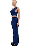 Blue Summer Inclined Shoulder Tank Long Skirts Sets YC8029-1