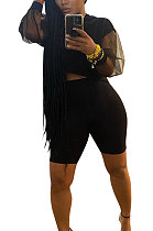 Black Euramerican Women Pure Color Net Yarn Spliced Lantern Sleeve Five Minute Shorts Sest Q902-1