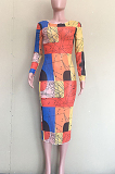 Red Blue Fashion Digital Printing Net Yarn Long Sleeve Dress ORY5197-1