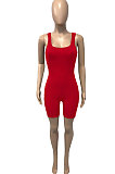 Red Pure Color Screw Thread Bodycon Casual Vest Romper Shorts Q896-3
