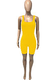 Yellow Pure Color Screw Thread Bodycon Casual Vest Romper Shorts Q896-2