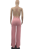 Pink Fashion Sexy Pure Color Knotted Strap Open Fork Sleeveless Jumpsuits PQ8054-1