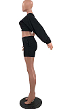 Black Casual Puff Sleeve One Shoulder Shorts Two Piece YR8086-2