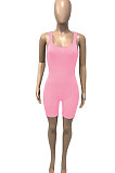Pink Pure Color Screw Thread Bodycon Casual Vest Romper Shorts Q896-6