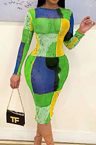 Green Blue Fashion Digital Printing Net Yarn Long Sleeve Dress ORY5197-2
