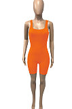 Orange Pure Color Screw Thread Bodycon Casual Vest Romper Shorts Q896-9