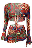 Red Flower Euramerican Women Net Yarn Perspective Bandage Shirred Detail Sexy Lotus Leaf Sleeve Skirts Sets Q899-1