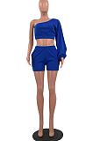 Blue Casual Puff Sleeve One Shoulder Shorts Two Piece YR8086-3