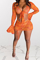Orange Euramerican Women Net Yarn Perspective Bandage Shirred Detail Sexy Lotus Leaf Sleeve Skirts Sets Q899-2