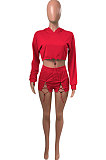 Red Women Elastic Band Autumn Winter Long Sleeve HoodiesTop Sports Casual Shorts Sets NK255-3
