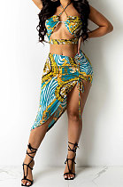 Sleeveless Casual Printing Shirred Detail Skirts Sets BYL81000