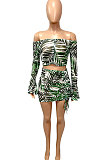 Green Leaves Printing Net Yarn Perspective A Word Shoulder Shirred Detail Sexy Lotus Leaf Sleeve Skirts Sets Q900-1