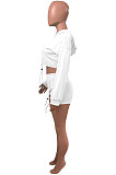 White Women Elastic Band Autumn Winter Long Sleeve HoodiesTop Sports Casual Shorts Sets NK255-1