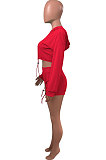 Red Women Elastic Band Autumn Winter Long Sleeve HoodiesTop Sports Casual Shorts Sets NK255-3