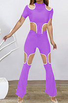 Purple Women Short Sleeve Hole Pants Sets BYL9030-2