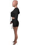 Black Women Elastic Band Autumn Winter Long Sleeve HoodiesTop Sports Casual Shorts Sets NK255-5
