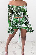 Green Leaves Printing Net Yarn Perspective A Word Shoulder Shirred Detail Sexy Lotus Leaf Sleeve Skirts Sets Q900-1