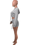 Gray Women Elastic Band Autumn Winter Long Sleeve HoodiesTop Sports Casual Shorts Sets NK255-4