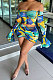 Colorblock Blue Net Yarn Perspective A Word Shoulder Shirred Detail Sexy Lotus Leaf Sleeve Skirts Sets Q900-3