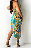 Sleeveless Casual Printing Shirred Detail Skirts Sets BYL81000
