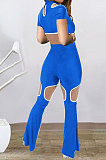 Blue Women Short Sleeve Hole Pants Sets BYL9030-3