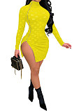 Sexy Perspective Zipper Half Turtle Neck Fashion Open Fork Mini Dress CCY8904