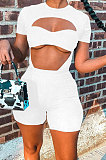 White Women Pure Color Screw Thread Hollow Out Sexy Jumpsuit Shorts Sets Q905-2