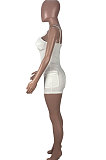 White Women Sexy Pure Color Condole Belt Zipper Double Pocket Romper Shorts MOL166-1