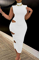 White Fashion Sexy Sleveeless Shoulder pads Broadside Hole Long Dress WY6809-2