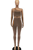 Coffee Euramerican Women Fashion One Shoulder Off Shoulder Pure Color Pants Sets AA5264-1