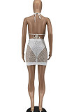 White Euramerican Women Trendy Pure Color Mesh Skirts Sets AA5257-1