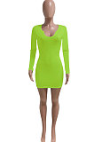 Neon Green Women Deep V Neck Tight Sexy Long Sleeve Mini Dress Q912-6