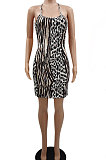 Women Stripe Leopard Temperament Sexy Condole Belt Mini Dress GB8025