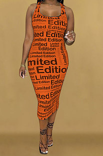 Orange Womne Fashion Letter Printing Tight Midi Dress KKY80050-2