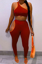 Red Euramerican Women Fashion One Shoulder Off Shoulder Pure Color Pants Sets AA5264-2