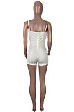 White Women Sexy Pure Color Condole Belt Zipper Double Pocket Romper Shorts MOL166-1