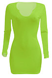 Neon Green Women Deep V Neck Tight Sexy Long Sleeve Mini Dress Q912-6