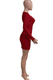 Dark Red Women Deep V Neck Tight Sexy Long Sleeve Mini Dress Q912-1
