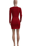 Dark Red Women Deep V Neck Tight Sexy Long Sleeve Mini Dress Q912-1