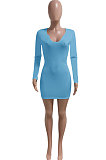 Sky Blue Women Deep V Neck Tight Sexy Long Sleeve Mini Dress Q912-7