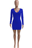 Blue Women Deep V Neck Tight Sexy Long Sleeve Mini Dress Q912-8