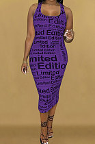Purple Womne Fashion Letter Printing Tight Midi Dress KKY80050-4