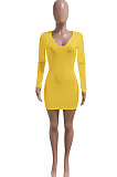 Yellow Women Deep V Neck Tight Sexy Long Sleeve Mini Dress Q912-4
