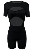 Black Women Pure Color Screw Thread Hollow Out Sexy Jumpsuit Shorts Sets Q905-1